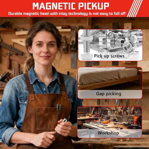 Mechanic holding Six In One Magnetic Tool Set With Light And 8Lb Telescoping Pickup Tool and inspection mirror in a workshop