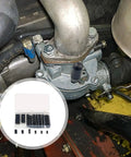 Ultimate Vacuum Cap Kit 80 Piece Rubber Carburetor Cover Set in use on engine manifold port with cap and kit visible.