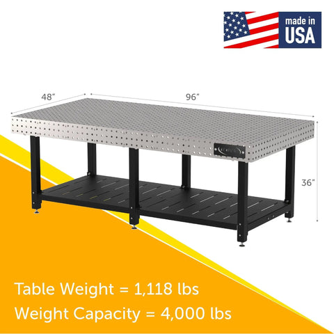 Heavy Duty Welding Fixture Table With Sweet Storage Shelf, 96 By 48 Inches, steel frame, precision laser cut holes, and lower shelf.