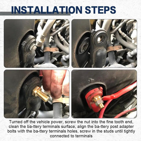 Installation steps for Street Smart Side Post Battery Terminal Extenders showing connection to battery terminals.