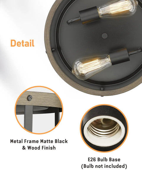 Farmhouse Flush Mount Ceiling Light 13 Inch Faux Wood And Metal 2 Light Fixture For Hallway Entryway Bedroom Kitchen Dining Room Retro Industrial Vibe Lamp With Warm Ambience