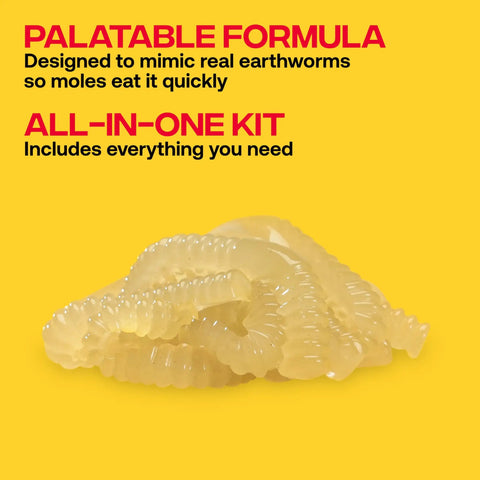Poison Moleworms Kit For Outdoors With 10 Realistic Moleworms And 5 Tunnel Locator Flags, pile of worm-style bait on yellow