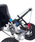Rugged One Tenth Scale RC Crawler Tow Truck Build Kit Upgrades With Dual Bracket Crane Arm Wrecker Kit And Servo For SCX10 TRX4 Capra LCG Chassis And Trailer DIY Tow Rescue Gear installed on RC chassis, showing crane arm with blue line.