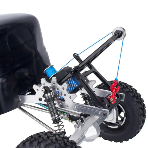 Rugged One Tenth Scale RC Crawler Tow Truck Build Kit Upgrades With Dual Bracket Crane Arm Wrecker Kit And Servo For SCX10 TRX4 Capra LCG Chassis And Trailer DIY Tow Rescue Gear installed on RC chassis, showing crane arm with blue line.