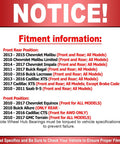 Notice for fitment information of wheel hub bearing with ABS for various GM models including Malibu, Impala, and more.