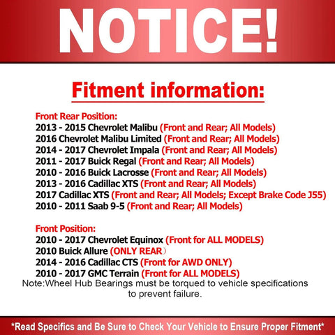 Notice for fitment information of wheel hub bearing with ABS for various GM models including Malibu, Impala, and more.