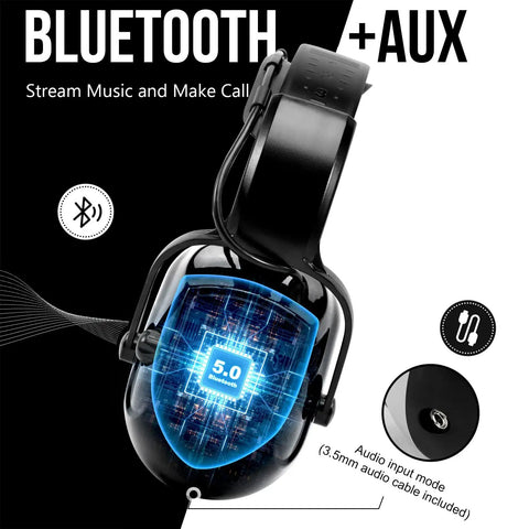 Bluetooth Hearing Protection Earmuffs With Rechargeable Battery NRR 25 Decibels Noise Canceling, showing Bluetooth 5.0 feature