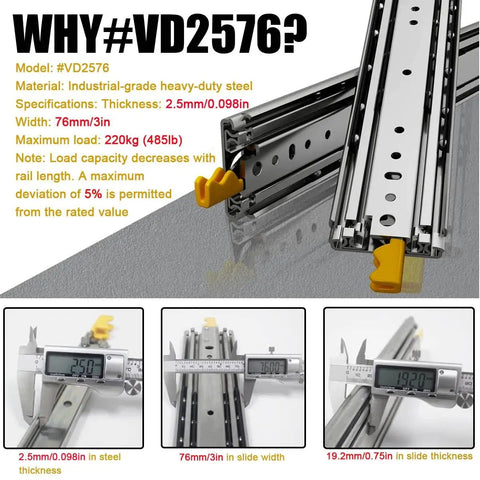 Heavy Duty 12 Inch Drawer Slides with Locking Full Extension Ball Bearing Glides in industrial-grade steel, model #VD2576.