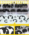 Black E Clip Assortment Kit With 14 Sizes External Retaining Rings 1.5mm To 22mm 211 Pieces with tweezers and storage box shown.