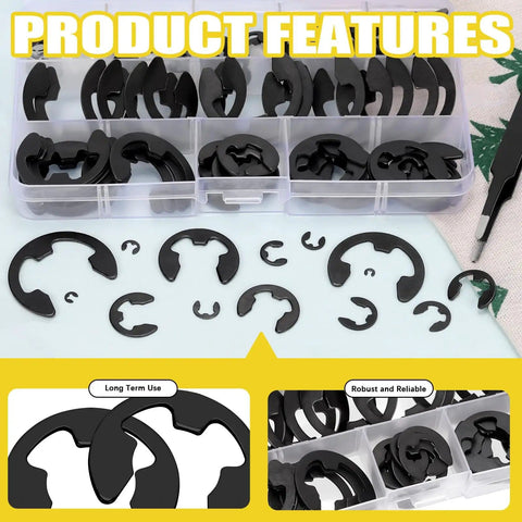 Black E Clip Assortment Kit With 14 Sizes External Retaining Rings 1.5mm To 22mm 211 Pieces with tweezers and storage box shown.