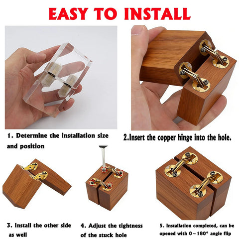 Installation steps of Hidden Brass Barrel Hinges Kit for Jewelry Boxes showing brass hinge placement in wooden block.