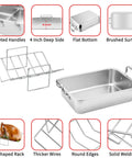 15 Inch Stainless Steel Roasting Pan With Cooling Rack For Juicy Turkey Chicken And Ham Roaster Includes V-Shaped Baking Rack And Nonreactive Metal