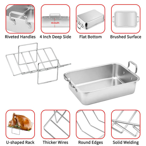 15 Inch Stainless Steel Roasting Pan With Cooling Rack For Juicy Turkey Chicken And Ham Roaster Includes V-Shaped Baking Rack And Nonreactive Metal