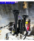 Heavy Duty 12V Dual Trumpet Air Horn Kit With Compressor Pump Delivering Heck Of A Loud 130DB Blast, shown mounted with black ABS trumpets.