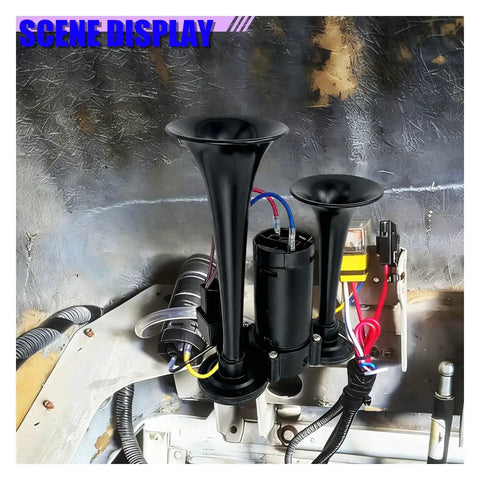 Heavy Duty 12V Dual Trumpet Air Horn Kit With Compressor Pump Delivering Heck Of A Loud 130DB Blast, shown mounted with black ABS trumpets.