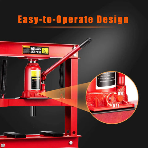 Heavy Duty 12 Ton Hydraulic Shop Floor Press With H Frame And Steel Plates Adjustable Working Table Floor Stand Jack Built To Handle Gears And Bearings Powder Coated Rust Resistant Construction For Tough Shop Use