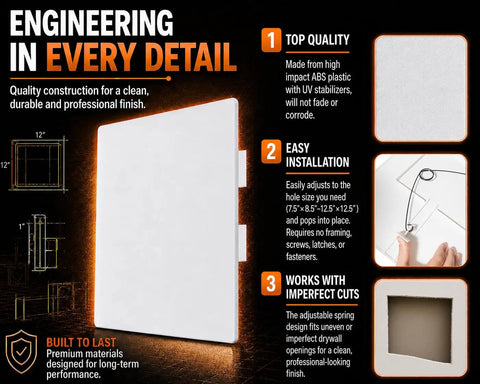 Heavy Duty Adjustable Spring Access Panel For Drywall And Ceilings 12X12 Inch White Abs Plastic Wall Hole Cover Plate, features diagram and quality details.