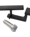 Woodturning tool rest and spur center, two-piece set; black adjustable rest with vertical post and silver center.