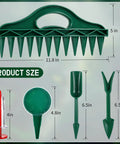 Seven Piece Seed Dispenser Set With 12 Hole Seeder Upgraded Mini Seed Spreader For Precise Row Spacing And Seed Tray Planting In The Garden Durable Plastic Tool For Easy Garden Use Everyday No Fuss Easy Peasy Setup shown with dimensions