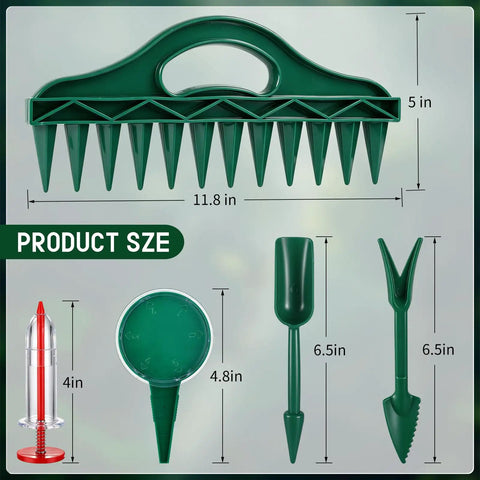 Seven Piece Seed Dispenser Set With 12 Hole Seeder Upgraded Mini Seed Spreader For Precise Row Spacing And Seed Tray Planting In The Garden Durable Plastic Tool For Easy Garden Use Everyday No Fuss Easy Peasy Setup shown with dimensions