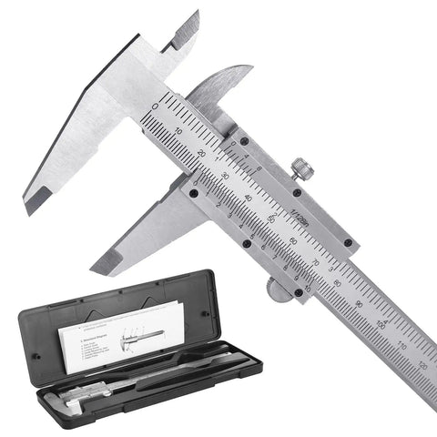 Six Inch Vernier Caliper Measuring Tool With Dual Imperial And Metric Scale, Fractional Inch Readout, shown with case