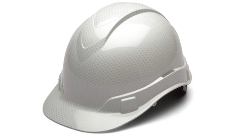 Ridgeline Cap Style Hard Hat Worksite Ready With 4 Point Ratchet Suspension ABS Shell Shiny White Graphite Pattern Side View