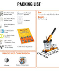 Packing list of 75 Mm Button Maker Kit Punch Press For DIY Badges And Crafts showing components and dimensions.