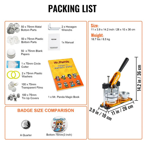 Packing list of 75 Mm Button Maker Kit Punch Press For DIY Badges And Crafts showing components and dimensions.