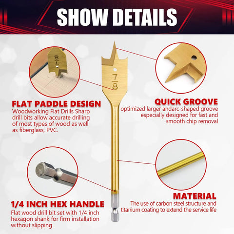 Flat Wood Spade Drill Bit Set Six Piece Paddle Bits From Three Eighths Inch To One Inch For Wood And Fiberglass Durable Paddle Style Bits