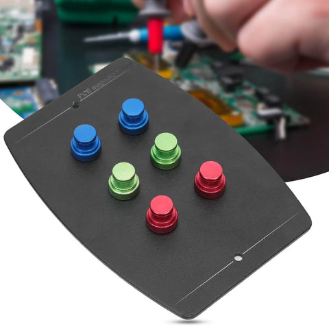 Universal PCB Holder Soldering Fixture With Six Magnetic Pins on heavy duty metal platform for board alignment and welding.