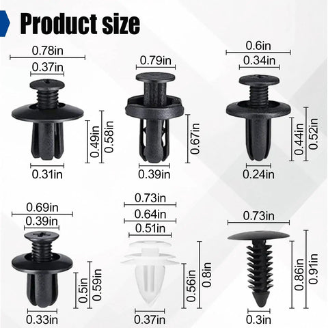 100 Piece Car Bumper Clips Set With Storage Box, 6 Sizes Plastic Retainer Push Pin Rivets For Fenders And Body Trim visible in image