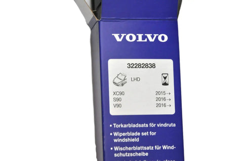 Volvo front wiper blades 32282838 packaging box for specific Volvo models XC90, S90, V90, detailed product information visible