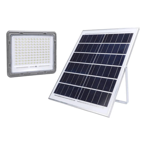 Mingzhe LED Solar Flood Light 400W with solar panel setup for outdoor use.