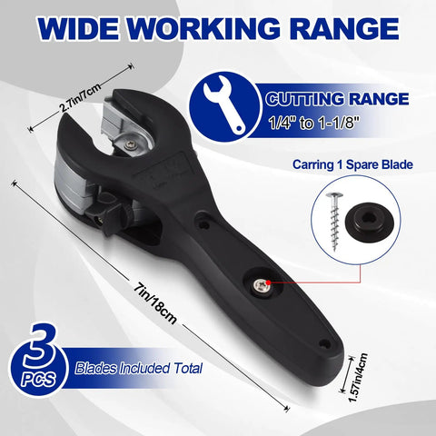 Ratcheting Tube Cutter For Tight Spaces With Ergonomic Handle And Sharp Blades That Easily Cut One Quarter Inch To One And One Eighth Inch Copper Brass And Aluminum Pipes Includes Three Steel Blades And Slip Free Gloves For DIYers And Pros