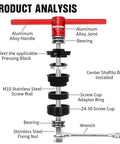 Pro Grade Bicycle Bottom Bracket Install And Removal Tool Kit diagram showing components like aluminum handle and bearings.