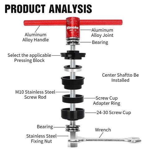 Pro Grade Bicycle Bottom Bracket Install And Removal Tool Kit diagram showing components like aluminum handle and bearings.