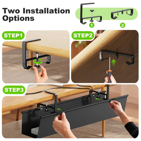 Under Desk Cable Management Tray No Drill Install, 36 Inch Fabric Cord Organizer With Clamp Or Screw Mount For Desk, installation steps