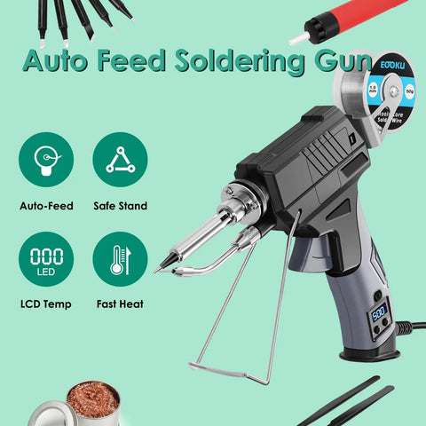 60W Auto Feed Soldering Iron Gun Kit With Adjustable Temperature LCD Display, showing soldering gun and accessories.