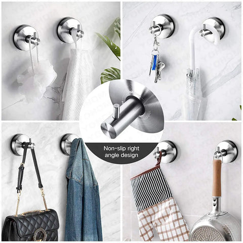 Stainless Steel Vacuum Suction Cup Shower Hooks Set For Bathroom Removable Towel Rack And Robe Hooks Loofah Holder With Brushed Finish Easy No Drill Mount On Glass Tiles Mirrors, hanging various items like loofah, keys, and bags.