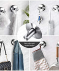 Vacuum Suction Cup Hooks For Shower And Bathroom Towel Holder Brushed Stainless Steel Rack Mount Hangs Bathrobes Loofahs Washcloths And Kitchen Storage Organizer 4 Pack showcasing various uses with items like loofahs, keys, bags, and cookware.