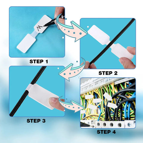 Steps for using 60 Pieces Self Adhesive Cable Labels For Wires And Cords, Nylon Writable Tags, Waterproof White Cable Tags