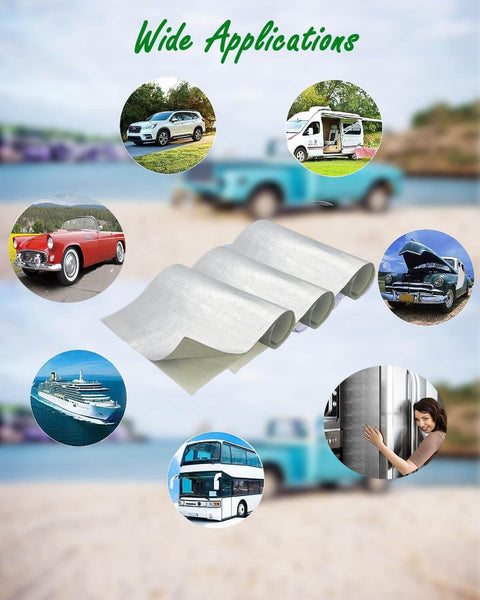Collage of automotive heat shield applications including cars, vans, and engine bays; shows 12x12 aluminum-backed fiberglass insulation