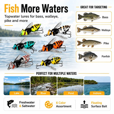 Bionic Wasp Topwater Lure for Freshwater and Saltwater, 6-pack floating hard bait with carbon steel treble hooks, variety of colors