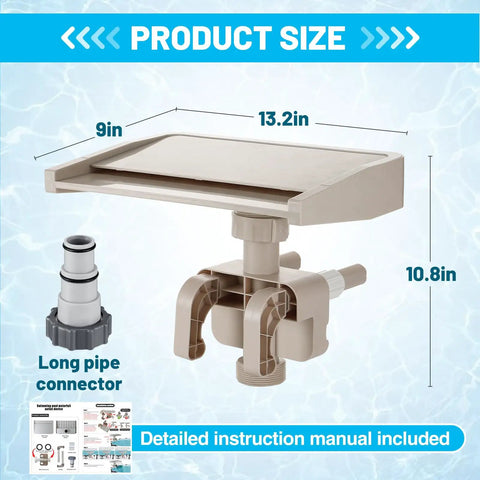 Adjustable Waterfall Pool Fountain For Above Ground Pools Easy To Install And Fits Various Frame Sizes A Chill Water Feature For Cooling And Relaxation showing fountain with dimensions, long pipe connector, and instruction manual included.
