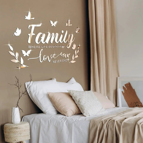 Bedroom wall with Dope 3D Acrylic Mirror Family Wall Decals Silver Finish With Motivational Quote Family Where Life Begins And Love Never Ends Plus Butterfly And Leaf Stickers DIY Removable Wall Art For Home Decor above bed