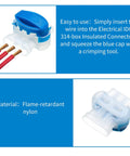 60 Piece 3 Way Wire Connectors Locks Self Stripping IDC Pigtail Connectors For 22-14 AWG Wires, blue and white connectors close-up