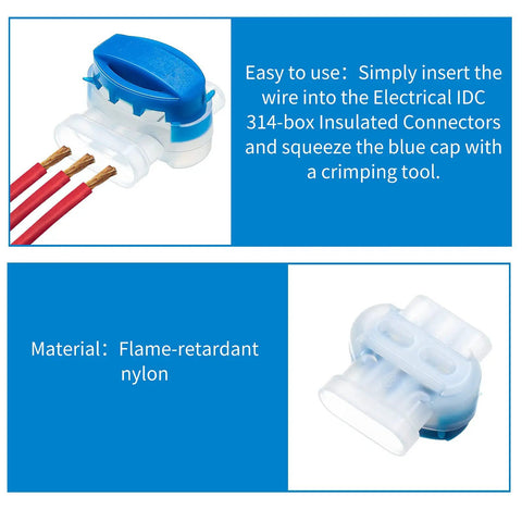60 Piece 3 Way Wire Connectors Locks Self Stripping IDC Pigtail Connectors For 22-14 AWG Wires, blue and white connectors close-up