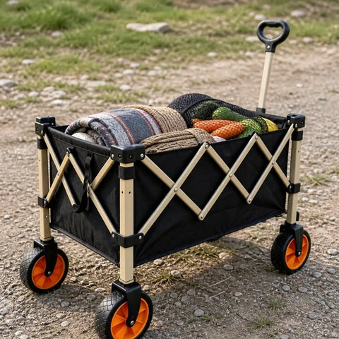 Heavy Duty Outdoor Folding Utility Wagon With 125 Liter Capacity And 600D Oxford zero hassle folding design loaded with blankets and food.