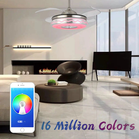 Retractable Ceiling Fan With Lights Bluetooth Speaker And Chandelier Remote Control in modern living room, app control shown