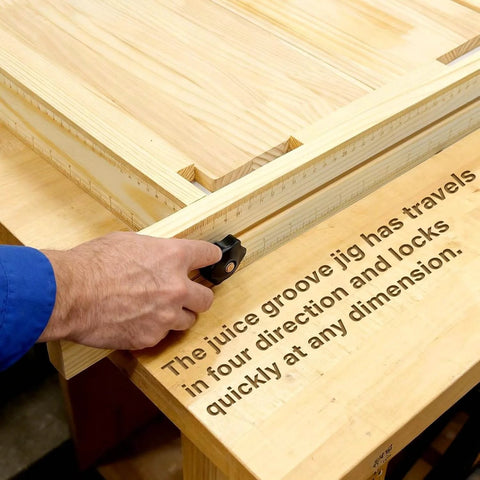 Man using Juice Groove Router Jig For Cutting Boards Adjustable Wooden Router Guide For Precise Juice Grooves And Square Grooves Easy To Use DIY Woodworking Tool Delivering Pro Grade Clean Uniform Channels Every Time on a wooden board.